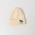 Kids cream knit beanie with cute face embroidery and soft ribbed texture detail - Beige