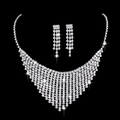 Silver bridal jewelry set with V-shaped rhinestone fringe necklace and matching earrings - 689 Jewelry Set / Silver