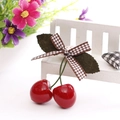 Cute red cherry hair clip with green leaves and a brown checkered ribbon bow - Brown Plaid