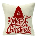 Detailed texture of beige linen pillowcase with red festive Merry Christmas print - 45cmx45cm / Linen / Beige Christmas Tree