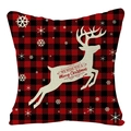 Détail de la housse de coussin en lin à carreaux rouge et noir avec renne blanc et flocon de neige - 45cmx45cm / Latex / Tête de cerf à carreaux rouge noir