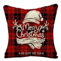 Détail d'une housse de coussin de Noël en lin à carreaux rouge et noir avec motifs blancs - 45cmx45cm / Latex / Renne à écharpe à carreaux rouge noir