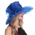 Detail of royal blue organza sun hat featuring an elegant layered floral bow decoration - M (56-60cm) / Blue
