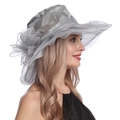 Elegant silver-grey organza wide brim sun hat featuring a large handmade flower accent - M (56-60cm) / Gray