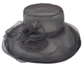 Detail of dark grey organza wide brim hat with layered flower and wavy mesh texture - M (56-60cm) / Gray