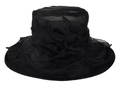 Detail of elegant black organza sun hat with large floral decoration and wide brim - M (56-60cm) / Black