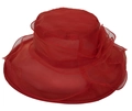Detail of red organza sun hat featuring a wide brim and elegant decorative mesh flower - M (56-60cm) / Red