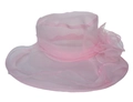 Detailed view of pink organza sun hat featuring large handmade flower and wavy brim - M (56-60cm) / Pink