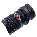 Set of 6 black braided leather bracelets with red spider charm on a clean white background - 10-Piece Multi-layer Braided Style (TZ399)