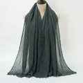 Deep grey-green crinkled cotton scarf with natural fringe edges for women - Dark Gray Green
