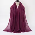 Deep purple crinkled cotton linen scarf featuring a bohemian frayed edge design - Purple