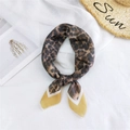 Brown leopard print cotton linen square scarf with yellow geometric border trim - Dense Leopard Yellow Border / 58x58cm