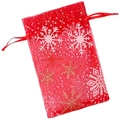 Red organza Christmas gift bag with gold snowflakes and drawstring closure on white background - Gold & Silver Snowflake