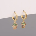 Gold Hamsa Hand hoop earrings with colorful zircon stones in a minimalist design - Colorful Zirconia