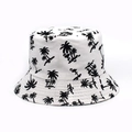 Dettaglio cappello alla pescatora in tela bianca con stampe tropicali di palme e fenicotteri - M (56-58cm) / Cappello Bianco Foglie Nere