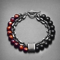 Map stone beaded bracelet with cat-eye beads, matte black stones, and T-bar clasp - Red Tiger Eye + Matte Black Agate