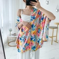 Ethnic cotton linen floral shawl scarf with tassels shown on model for beach vacations - 180cm / Colorful Floral Indoor Tassel Style (L263)