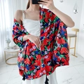 Ethnic style cotton linen shawl in red with multi-color floral print and black fringes - 180cm / Red Dense Multicolor Floral Style (L265)