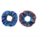 Macro shot of gradient laser fabric hair scrunchies with hidden storage zipper detail - Sapphire Blue