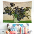 Detail of Van Gogh Irises art tapestry on a living room wall with a cozy sofa and pillows - 95x73cm / Purple Iris