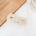 Elegant silver metal hair clip adorned with dense white faux pearls in a sleek long shape - Pearl Bow Hollow