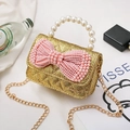 Mini gold glitter girls purse with pink pearl bow and elegant pearl top handle - Horizontal Gold