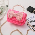 Mini borsa trapuntata rosa con manico in perle, tracolla a catena e fiocco di perle - Rosa Scuro Orizzontale