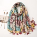 Floral patchwork cotton linen scarf with colorful fringe tassels and vintage patterns - Pink Patchwork Boho Print Tassel