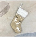 Detailed view of burlap Christmas stocking featuring white deer prints and plush cuff trim - Small / Yellow