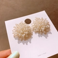 Elegant beaded flower cluster earrings in creamy white on a display card stand - 9# Gold Pearl Fireworks