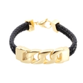 Bracciale da uomo in pelle intrecciata a doppio strato con catena in acciaio dorato - 22cm