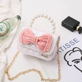 Pink iridescent mini crossbody bag with pearl handle and large bow detail for girls - Horizontal Cream White