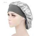 Silver satin sleep bonnet with a wide elastic gray knit band for comfortable hair care - Adjustable / Silver