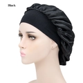 Elastic black satin bonnet for hair care with wide stretch band for sleeping comfort - Adjustable / Black