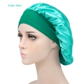 Lake blue satin sleep bonnet with a wide elastic band for hair care and comfort - Adjustable / Lake Blue