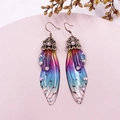 Detailed macro shot of gradient resin butterfly wing earrings with sparkling crystals - Rainbow Rhinestone-Bronze