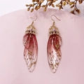 Pink and red gradient cicada wing earrings with gold foil and S925 silver hooks - Red-Gold Foil