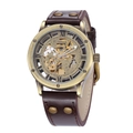 Retro bronze skeleton mechanical watch for men with brown leather rivet strap and Roman numerals - Genuine Leather/Alloy / Brown Leather Belt