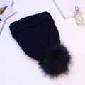 Thick navy blue cable knit beanie with large fur pom pom and warm fleece lining - Navy Blue