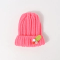 Pink chunky knit beanie for kids with green cactus patch and colorful pom-poms decor - 48-56CM / Pink