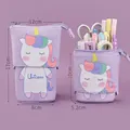 Purple retractable unicorn canvas pencil case showing both extended and collapsed sizes - Purple/Unicorn