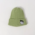 Green ribbed knit beanie hat for kids featuring a cute cartoon character embroidery - Green