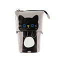 Vertical grey canvas telescope pencil case with cute black cat print and zipper top - Grey/Black Cat