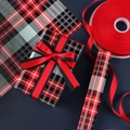 Red and black plaid Christmas wrapping paper with glossy red satin ribbon set - Red Black Grey Plaid