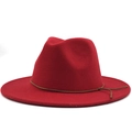 Elegant wide brim red wool fedora hat with brown leather band and knot detail - M (56-58cm) / Red