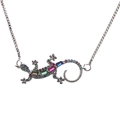 Silver lizard pendant necklace with vibrant multi-color zircon stones for women - White Gold
