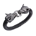 Nordisches Wikinger Armband mit doppeltem Wolfskopf aus Leder in antikem Silber - 22cm / Stahlfarbe