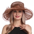 Women's foldable organza sun hat in brown with wide brim for summer UV protection - M (56-60cm) / Coffee
