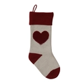 Knitted Christmas stocking in cream and dark red featuring a 3D heart pattern and hanging loop - Ivory Body/Purple-Red Heart