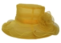 Detail of a bright yellow organza sun hat with a large floral embellishment and wide brim - M (56-60cm) / Yellow
